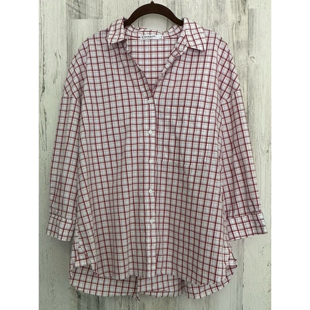 Stateside Womens Button Up Shirt Size Small (Oversized) Red Plaid Boxy Raw Hem